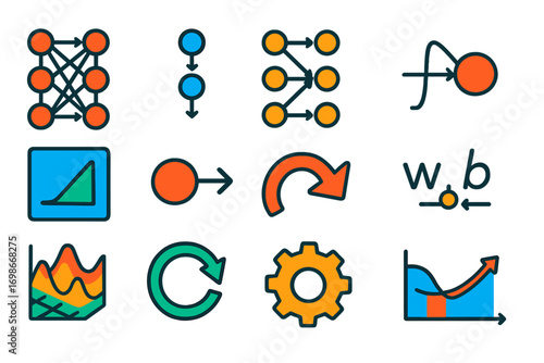 Deep Learning Icons. Flat vector icons of deep learning: neural network layers, input layer, hidden layer, output node, activation