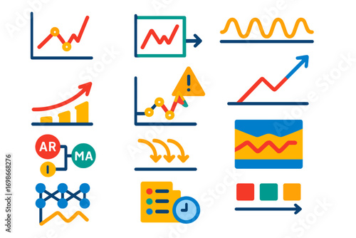 Modern Time Series Icons. Flat vector icons of time series machine learning: time series line graph, sliding window, seasonal