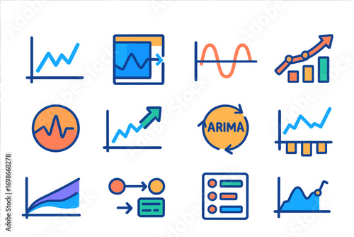 Modern Time Series Icons. Flat vector icons of time series machine learning: time series line graph, sliding window, seasonal