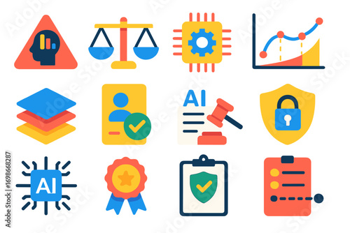 AI Ethics Icons. Flat vector icons of AI ethics and safety: bias alert icon, fairness scale, ethical algorithm, explainability