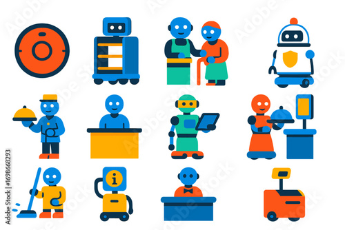Service Robots Icons. Flat vector icons of service robots: robotic vacuum cleaner, hospital delivery bot, elder care robot,
