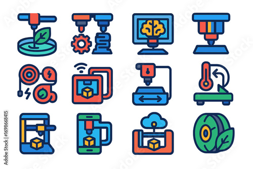 3D Printing Icons. Flat vector icons of 3D printing innovation: bioprinting concept, hybrid printing, AI slicing algorithm,