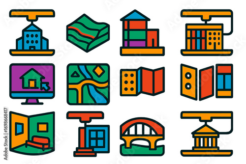 3D Printing Icons. Flat vector icons of 3D printing in architecture: scaled building model, terrain layout, structure