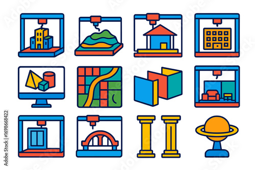 3D Printing Icons. Flat vector icons of 3D printing in architecture: scaled building model, terrain layout, structure