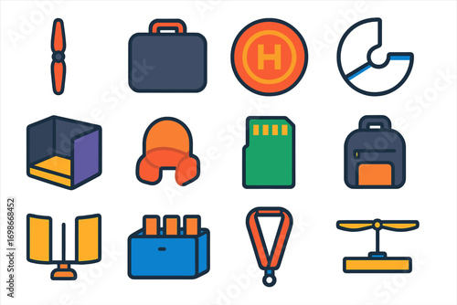 Drone Accessories Icons. Flat vector icons of drone accessories: spare propeller, carrying case, landing pad, propeller guard,