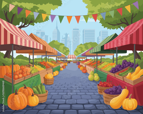 Colorful Market Scene with Fruits and Vegetables in a Cityscape Setting