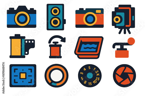 Vibrant Camera Icons. Flat vector icons of film cameras: 35mm film cam, twin-lens reflex, rangefinder camera, large format cam,