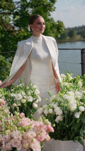 Wallpaper Mural Stylish woman in elegant white dress surrounded by flowers. Elegant woman concept. Torontodigital.ca