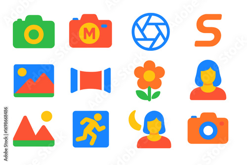 Camera Mode Icons. Flat vector icons of camera shooting modes: auto mode icon, manual mode, aperture priority, shutter priority,