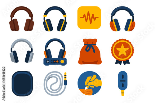 Luxury Headphone Icons. Flat vector icons of luxury headphones: leather ear cushions, gold-trimmed design, high-res audio badge,