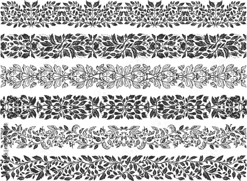 Collection of seven intricate black and white floral and leafy decorative borders and ornate seamless patterns