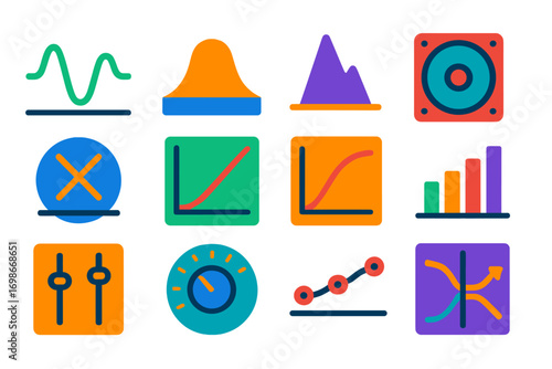 Bold Audio Icons. Flat vector icons of speaker frequency elements: bass wave, midrange band, treble peak, sub-bass icon, crossover