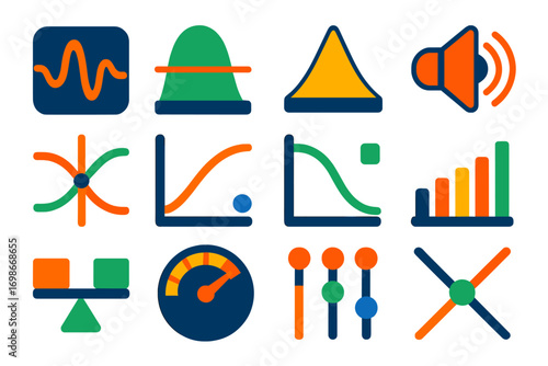 Bold Audio Icons. Flat vector icons of speaker frequency elements: bass wave, midrange band, treble peak, sub-bass icon, crossover