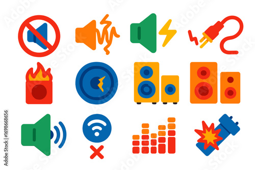 Speaker Issue Icons. Flat vector icons of speaker diagnostics and issues: no sound icon, distorted sound wave, speaker buzz symbol