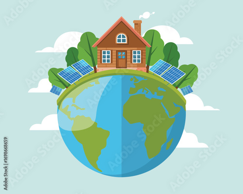 Sustainable living concept with an eco-friendly house powered by renewable solar energy