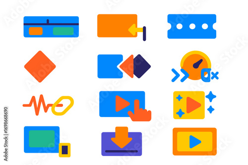 Bold Video Editing Icons. Flat vector icons of video editing tools: timeline editor, trim clip, razor blade tool, keyframe diamond