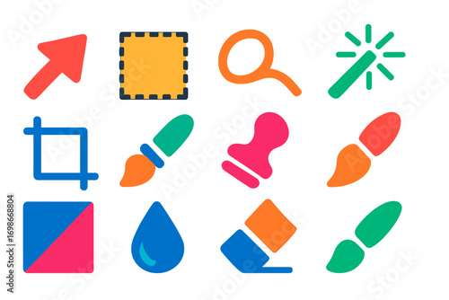 Photoshop Tool Icons. Flat vector icons of Photoshop tools: move tool, marquee selection, lasso tool, magic wand, crop tool, brush