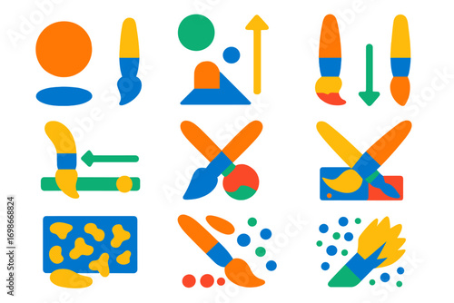 Vibrant Brush Icons. Flat vector icons of Photoshop brush features: soft round brush, hard edge brush, size jitter icon, opacity