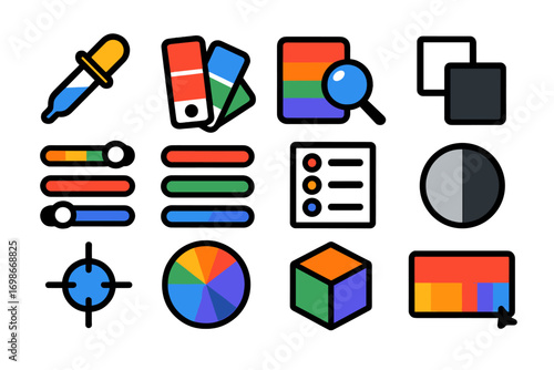 Photoshop Color Tools Icons. Flat vector icons of Photoshop color tools: eyedropper icon, color swatch, color picker tool,