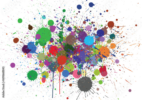 Explosion of vibrant colorful paint splatters and splashes creating a dynamic abstract artistic background on white