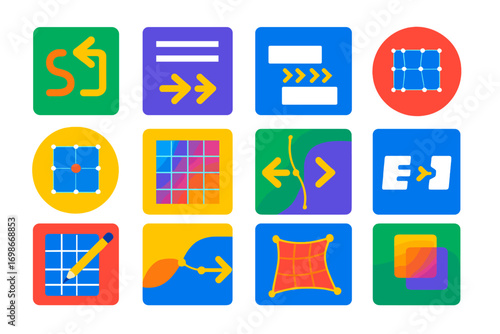 Flat Design Icons. Flat vector icons of Illustrator blend and mesh: blend tool, blend options, blend steps icon, mesh tool, mesh