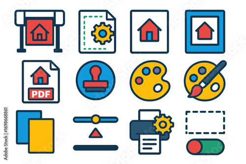 Modern CAD Icons. Flat vector icons of CAD printing tools: plot icon, page setup, print preview, plot to PDF, plot stamp, plot