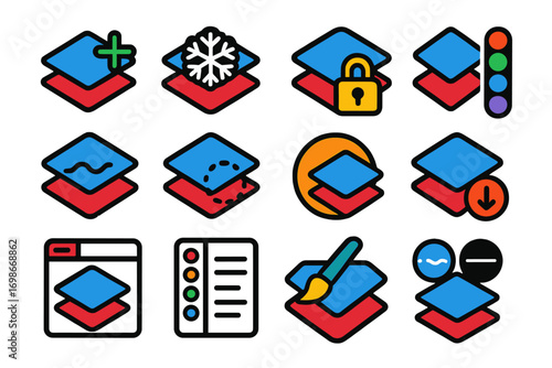 Colorful CAD Icons. Flat vector icons of CAD layers and properties: new layer, freeze layer, lock layer, layer color, layer