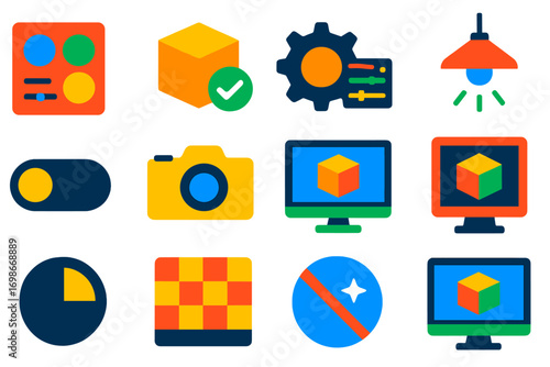 Modern CAD Icons. Flat vector icons of CAD rendering and materials: material browser, assign material, render settings, lighting
