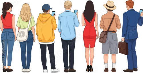 Diverse group of young adults standing with their backs to the camera engaged with their mobile devices