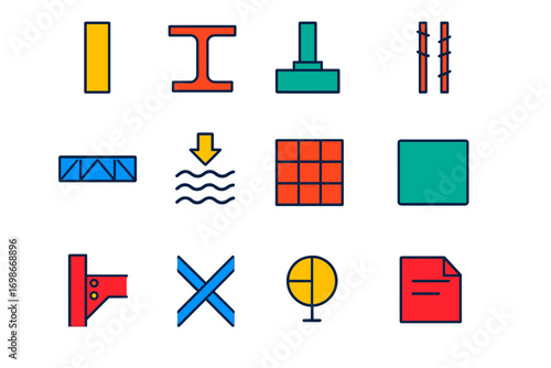 Modern Structural Icons. Flat vector icons of structural CAD elements: column icon, beam section, foundation icon, rebar symbol,