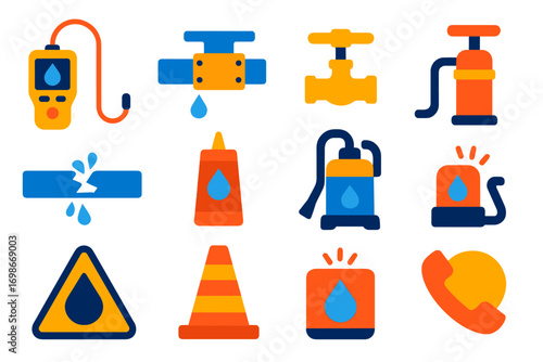 Emergency Plumbing Icons. Flat vector icons of emergency plumbing tools: leak detector, pipe patch kit, water shutoff tool,