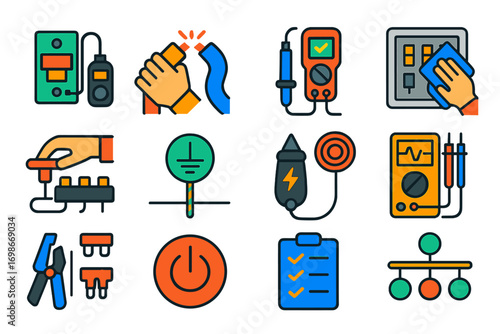 Electrical Task Icons. Flat vector icons of electrical maintenance tasks: breaker testing, cable replacement, insulation check,