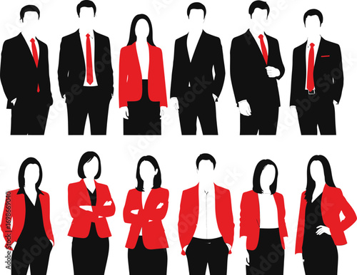 Diverse group of professional business people standing together in a studio setting wearing smart attire