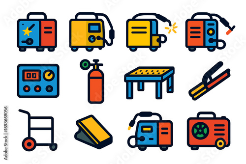 Welding Equipment Icons. Flat vector icons of welding equipment: arc welder, MIG welder, TIG welder, stick welder, welding machine