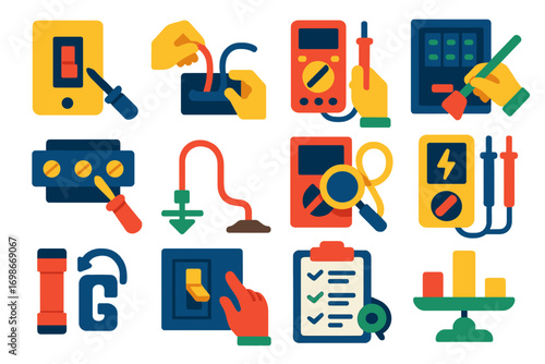 Electrical Task Icons. Flat vector icons of electrical maintenance tasks: breaker testing, cable replacement, insulation check,