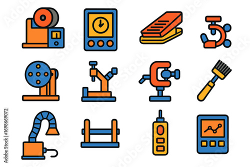 Welding Tools Icons. Flat vector icons of welding productivity tools: wire feeder, weld timer, foot pedal, rotary positioner,