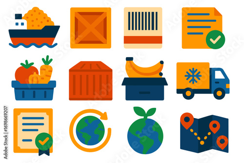 Agricultural Export Icons. Flat vector icons of agricultural exports: cargo ship with grain, export crate, barcode label, customs