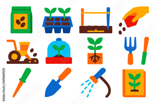Gardening Tool Icons. Flat vector icons of planting and seeding: seed packet, seedling tray, planting line, hand seeder, seed