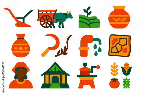Agricultural Heritage Icons. Flat vector icons of agricultural heritage: hand plow, ox cart, traditional rice terrace, clay grain