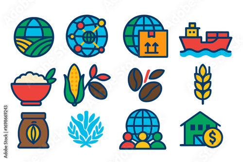 Global Agriculture Icons. Flat vector icons of international agriculture: globe with field, global agri network, international