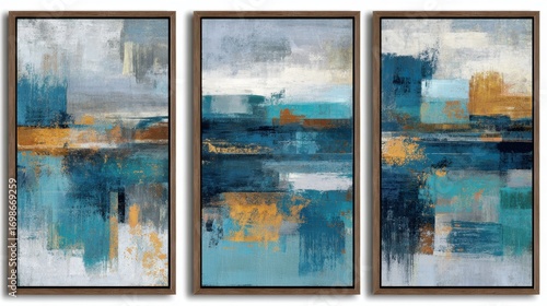 Abstract triptych artwork with blue and orange brushstrokes in wooden frames