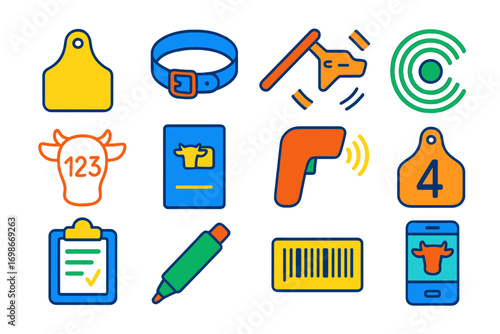 Livestock ID Icons. Flat vector icons of livestock identification: ear tag, neck collar, branding iron, RFID chip, animal tattoo,