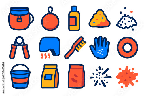 Climbing Gear Icons. Flat vector icons of chalk and grip gear: chalk bag, chalk ball, liquid chalk bottle, loose chalk pile, grip