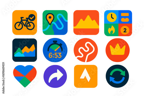 Cycling Tracker Icons. Flat vector icons of cycling tracking apps: ride log, GPS map, elevation profile, ride stats, speed graph,