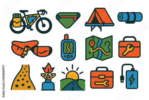 Bikepacking Essentials Icons. Flat vector icons of bikepacking: loaded touring bike, frame bag, tent on rack, handlebar roll,