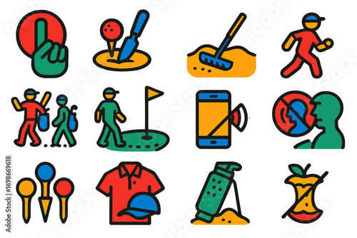 Golf Etiquette Icons. Flat vector icons of golf etiquette: quiet sign, repair ball mark, rake bunker, pace of play icon, let group