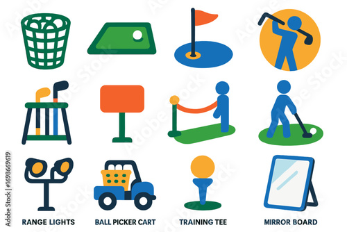 Modern Golf Icons. Flat vector icons of driving range: ball basket, practice mat, target flag, swing trainer, range club rack,