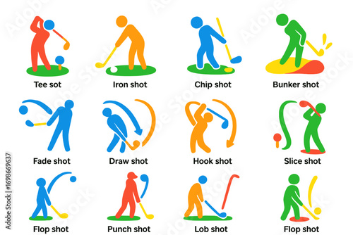 Modern Golf Shots Icons. Flat vector icons of golf shots: tee shot, iron shot, chip shot, bunker shot, putt, fade shot, draw shot,