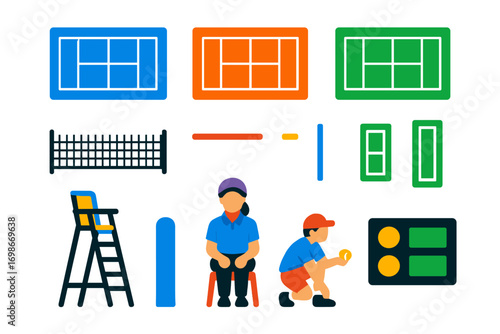 Tennis Court Icons. Flat vector icons of tennis courts and elements: hard court, clay court, grass court, court net, baseline,