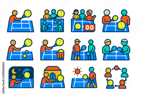 Tennis Match Icons. Flat vector icons of types of tennis matches: singles match, doubles match, mixed doubles, exhibition match,
